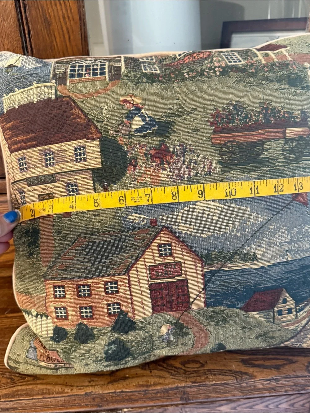 VTG Seaside Americana Town Embroidered Tapestry Granny Cottage Throw Pillow